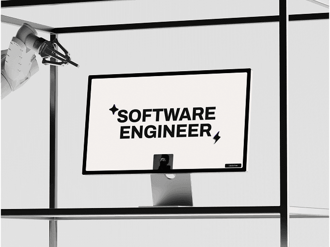 Majd Framer portfolio template shown on a monitor in a steel rig, bold Software Engineer headline on cream, a minimal template for developer portfolios