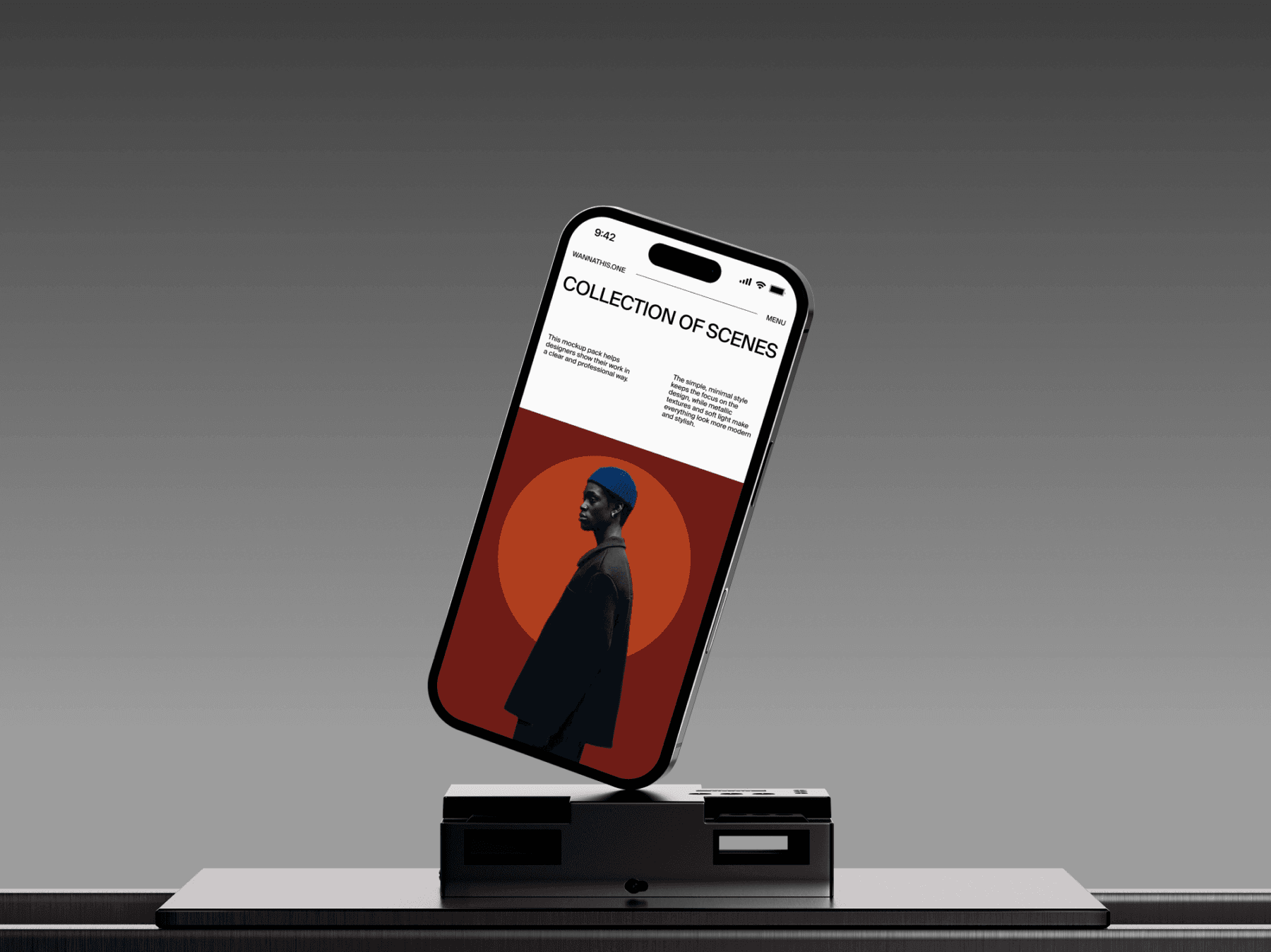 iPhone mockup placed on a sleek metallic industrial platform