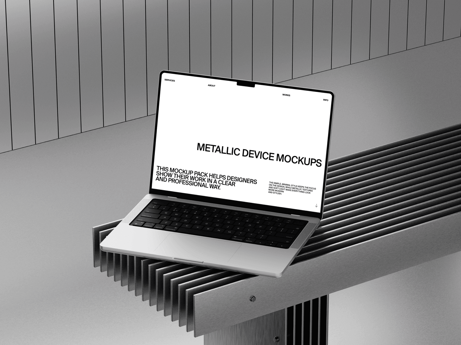 MacBook mockup displayed on a metallic slatted bench in a minimal environment