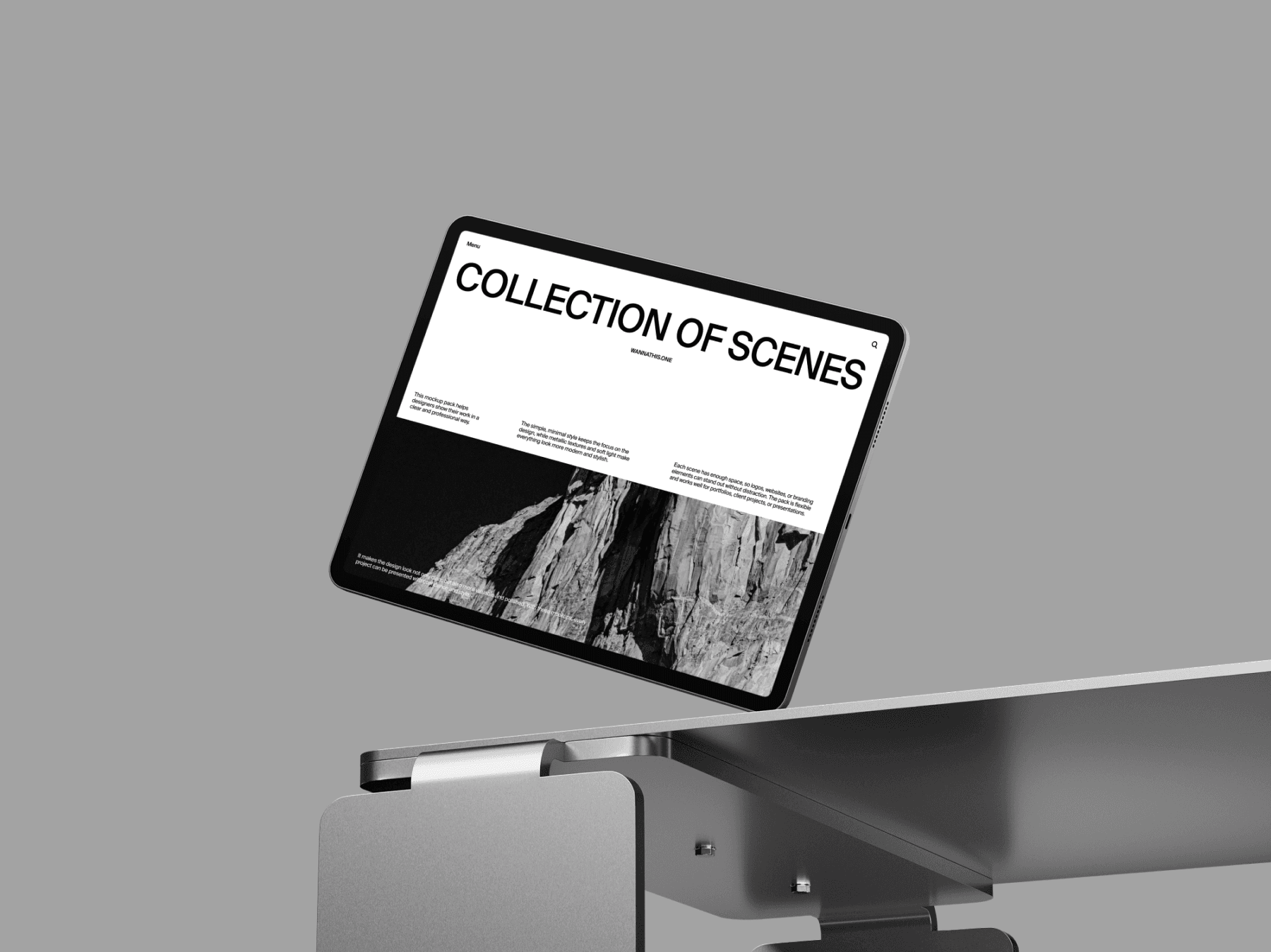 Tablet mockup standing on the edge of a modern metal surface