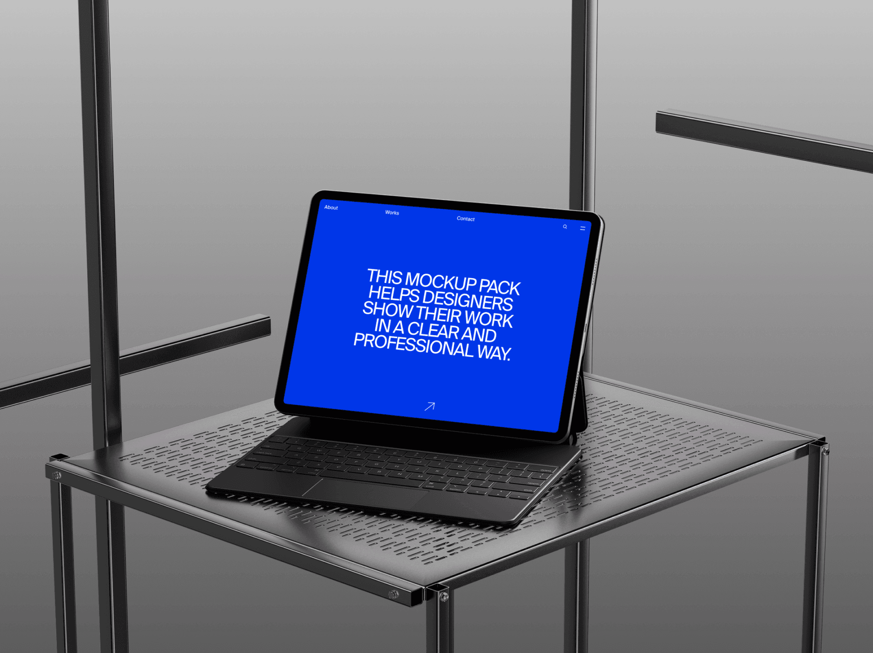 Tablet mockup displayed on a perforated metallic table with industrial lighting
