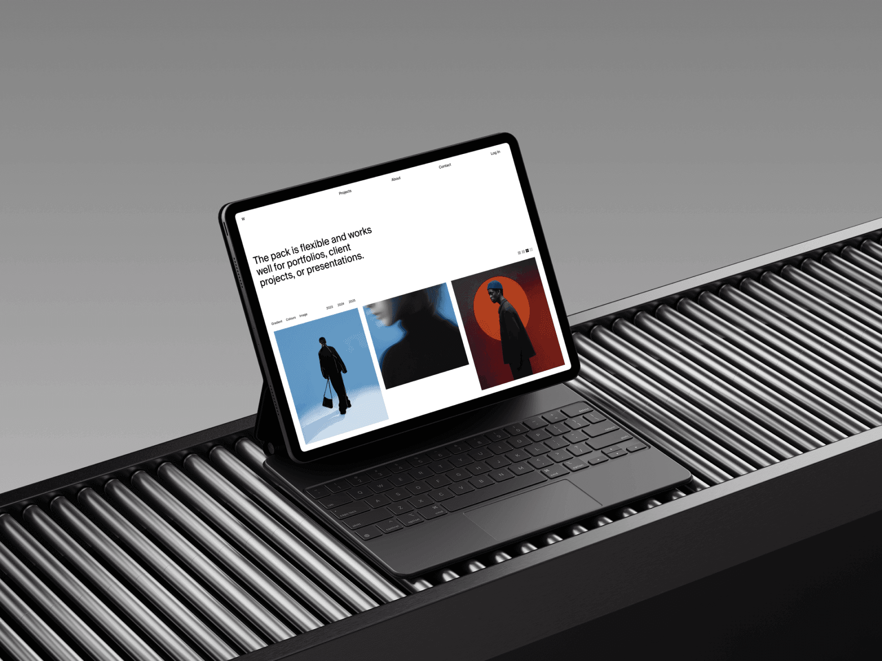 Tablet mockup placed on an industrial roller metal surface