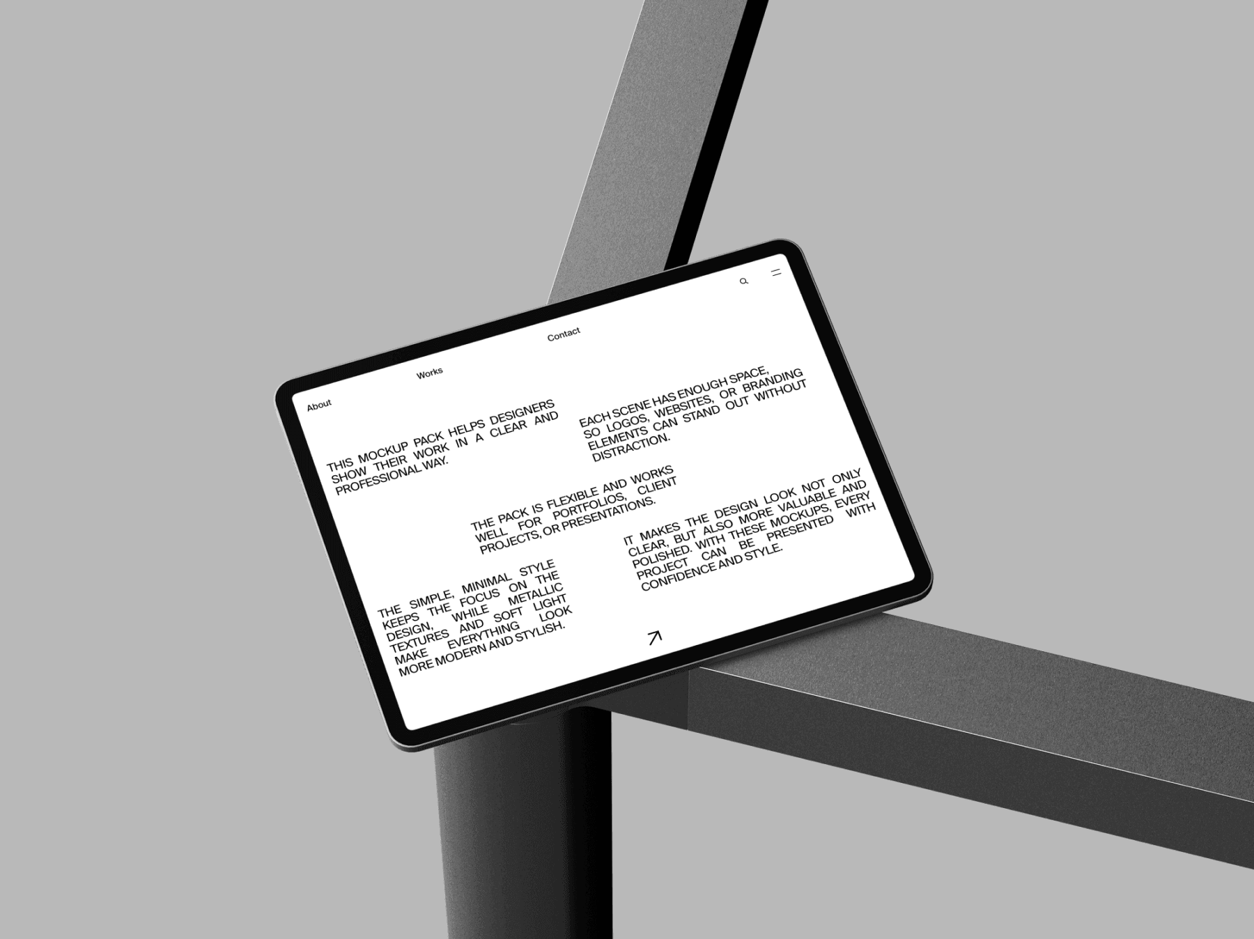 Tablet mockup balanced on a modern angled metal structure