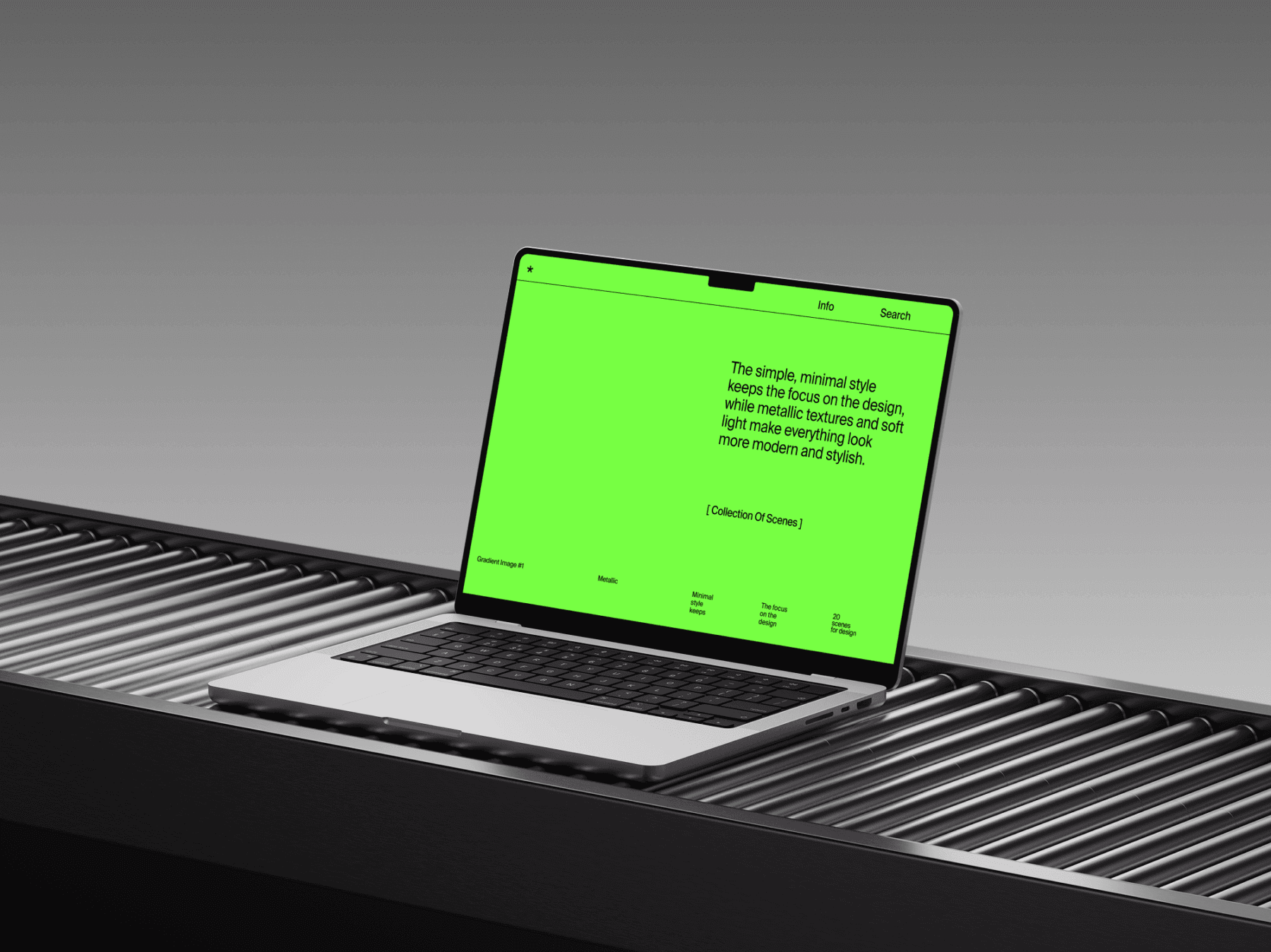 MacBook mockup resting on an industrial roller surface