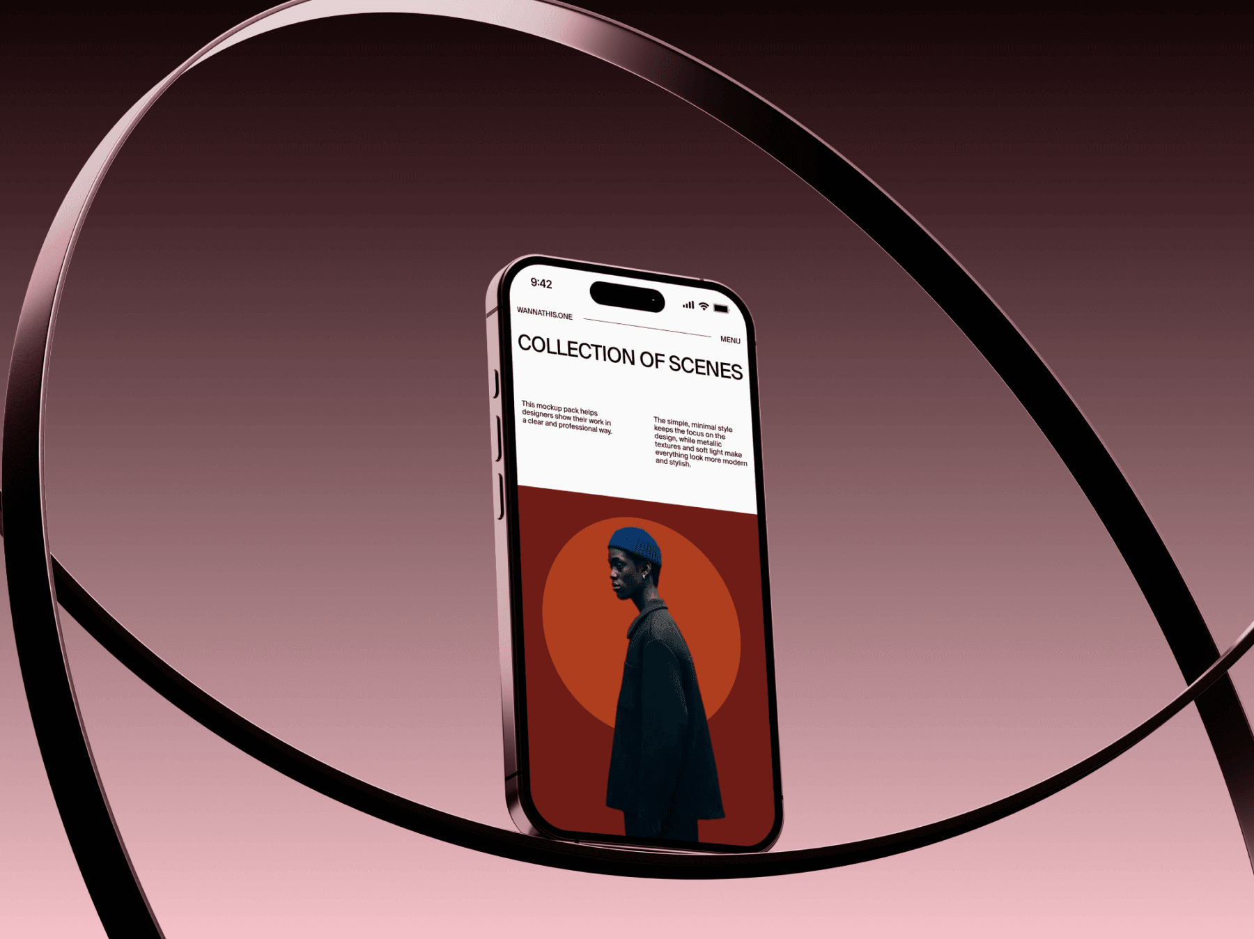 iPhone mockup suspended within a circular metallic frame