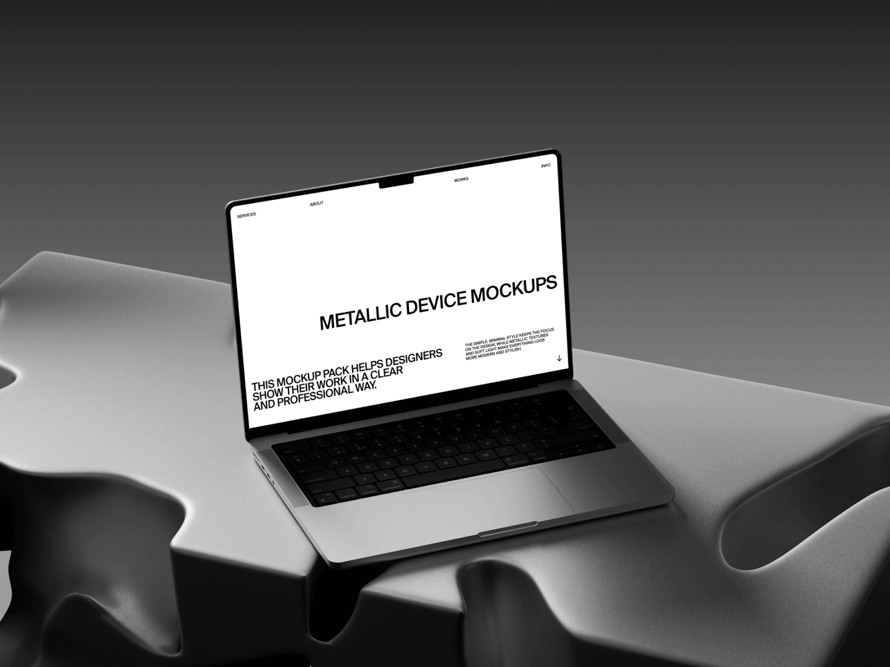 MacBook mockup placed on a reflective sculpted metallic surface