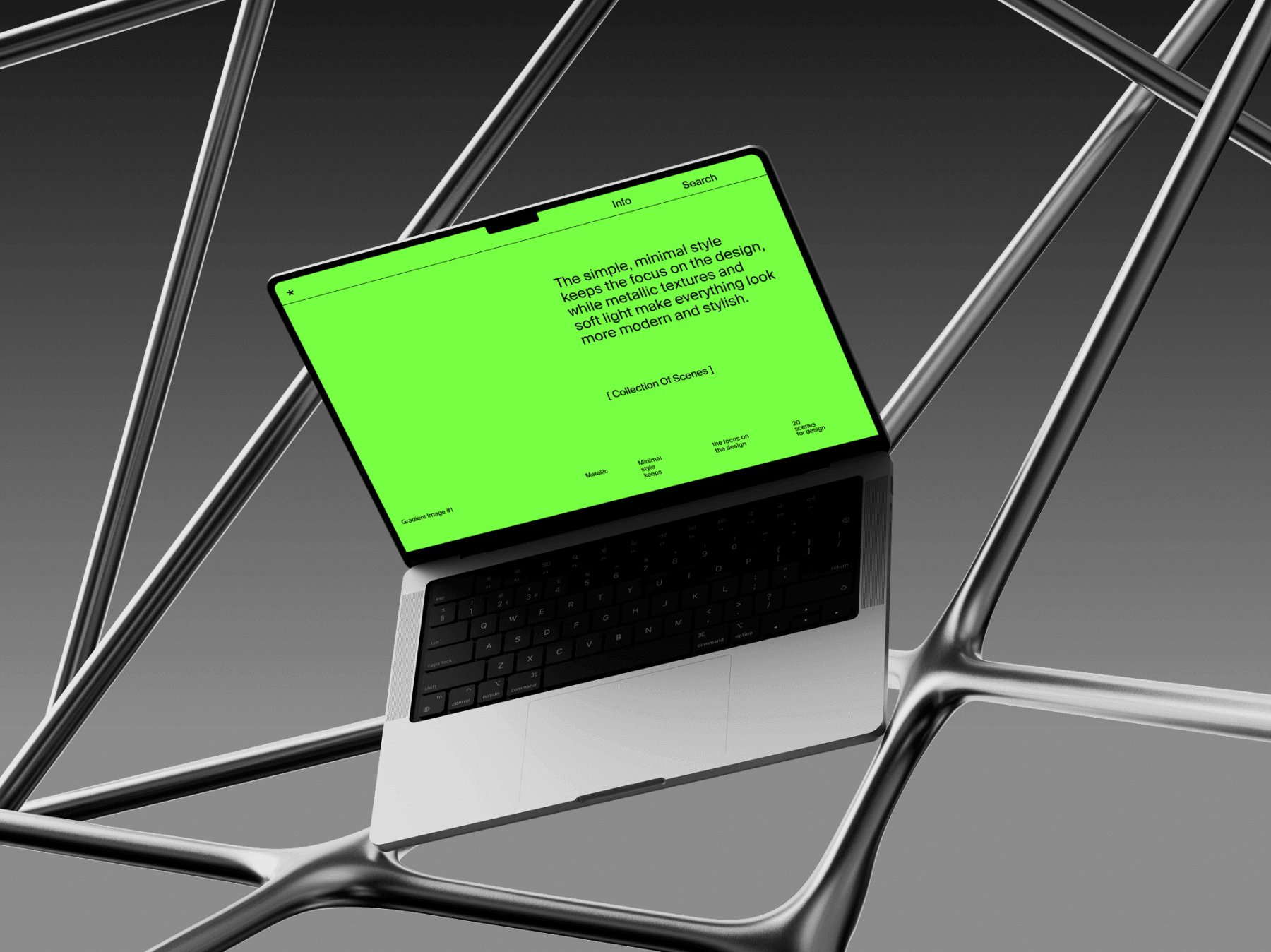 MacBook mockup placed on a sculptural metallic frame structure