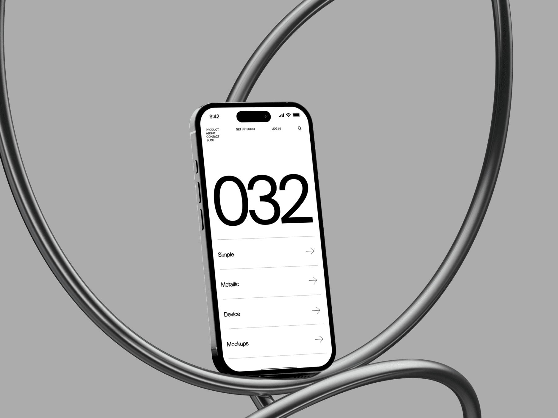 iPhone mockup positioned inside a circular metallic frame