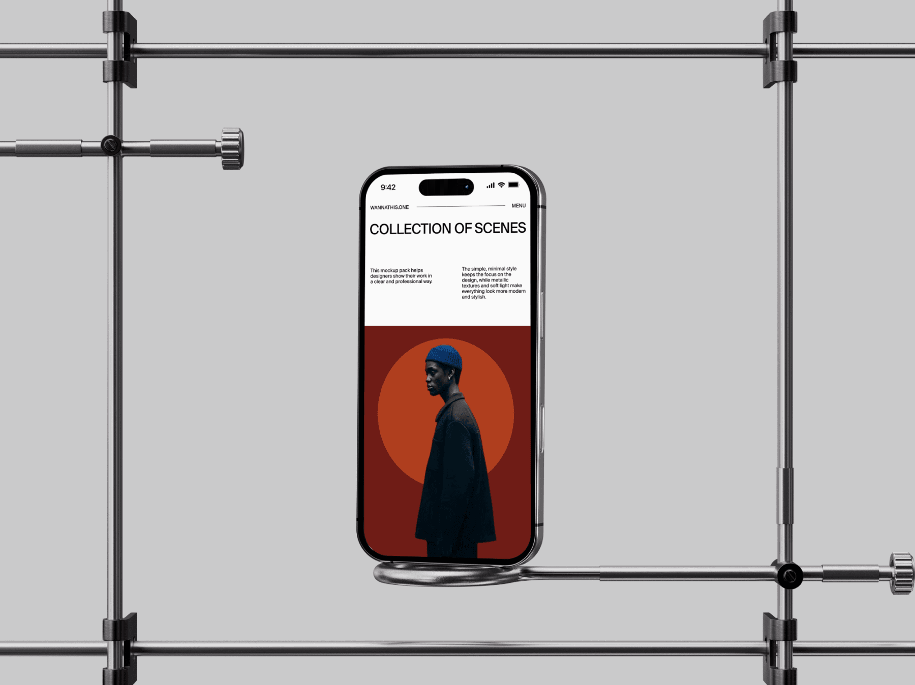iPhone mockup hanging from an industrial-style metallic frame