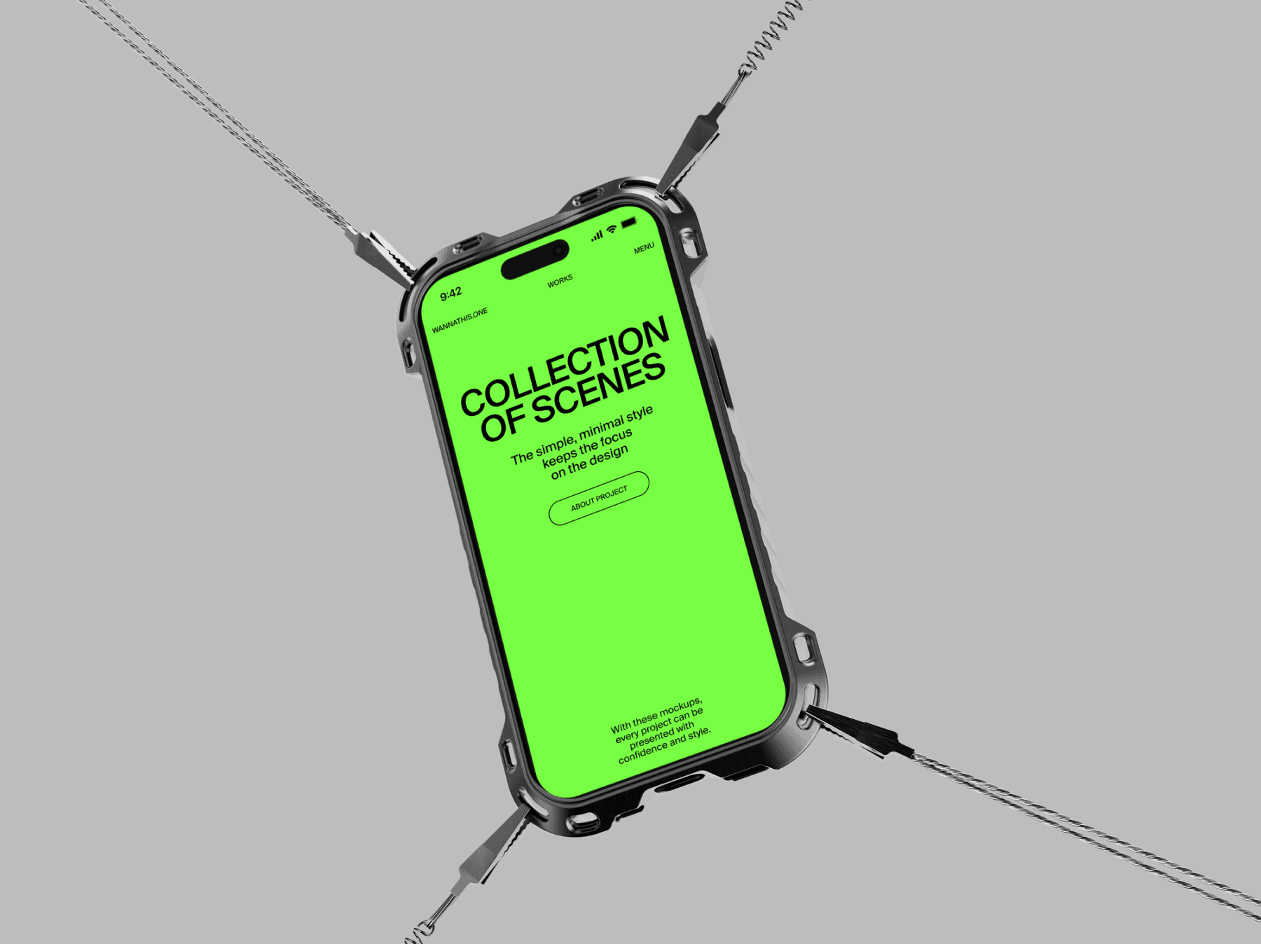 iPhone mockup suspended with metal chains in a vertical composition