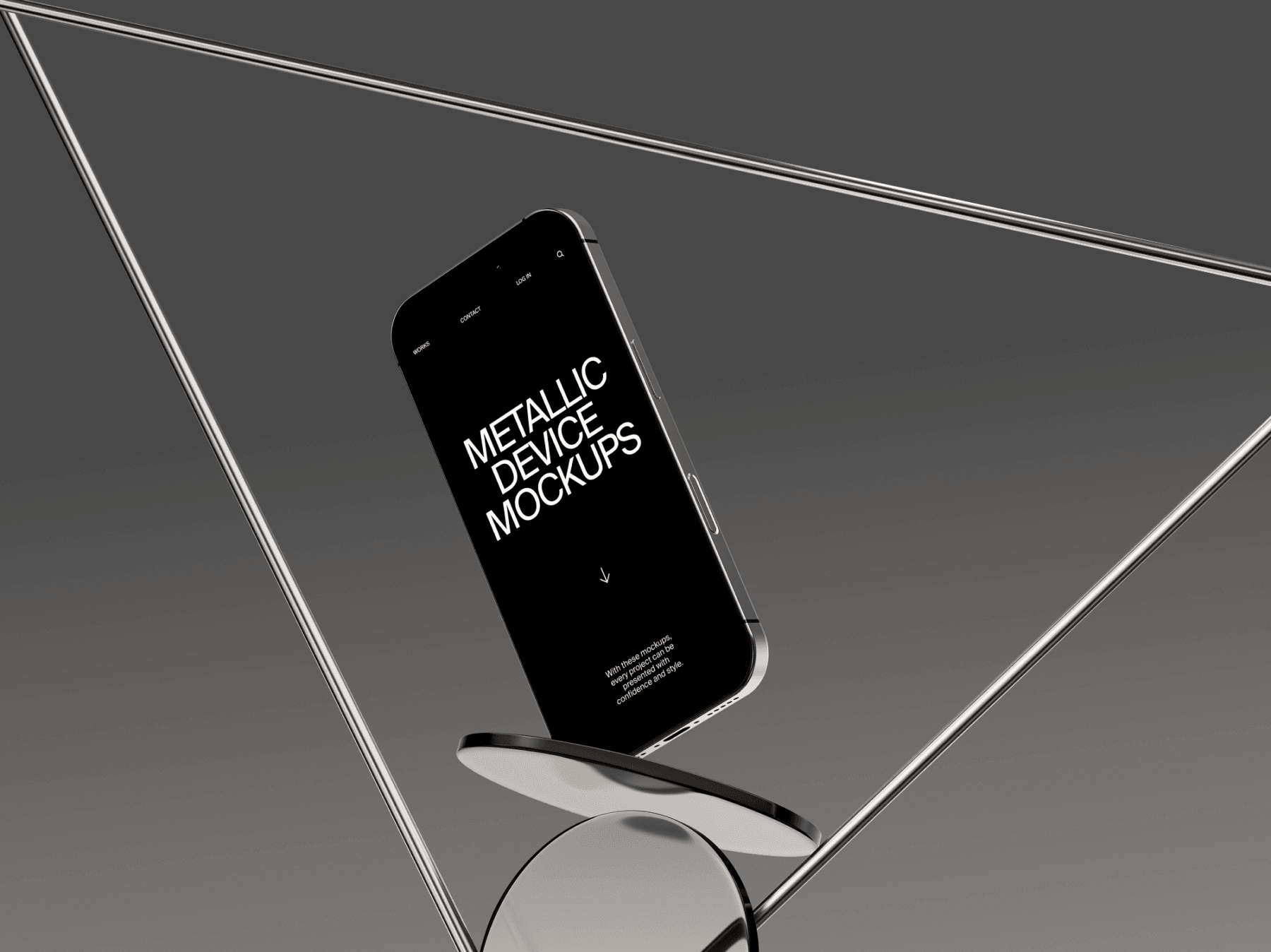 iPhone mockup balanced on a modern geometric metallic structure