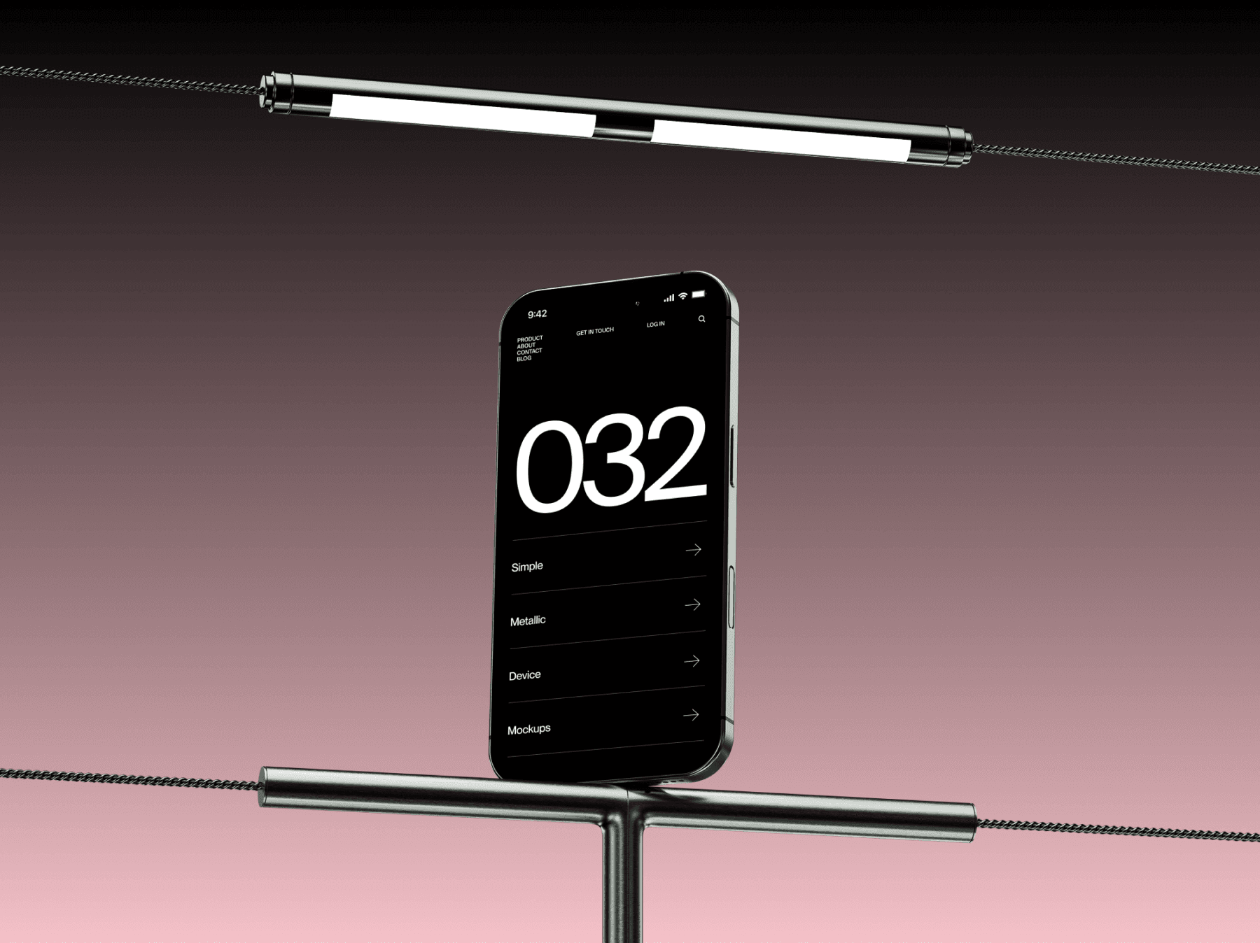 iPhone mockup displayed on a polished metallic stand under studio lighting