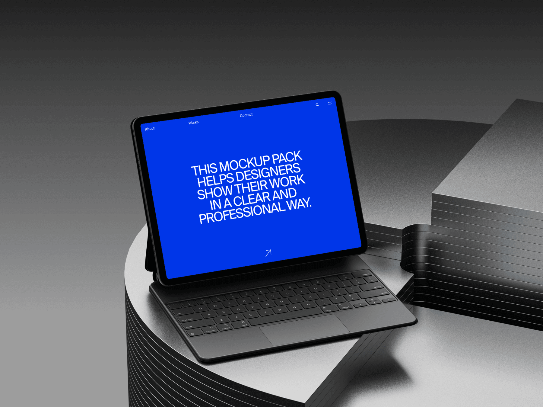 Tablet mockup positioned on a round metallic table with a keyboard