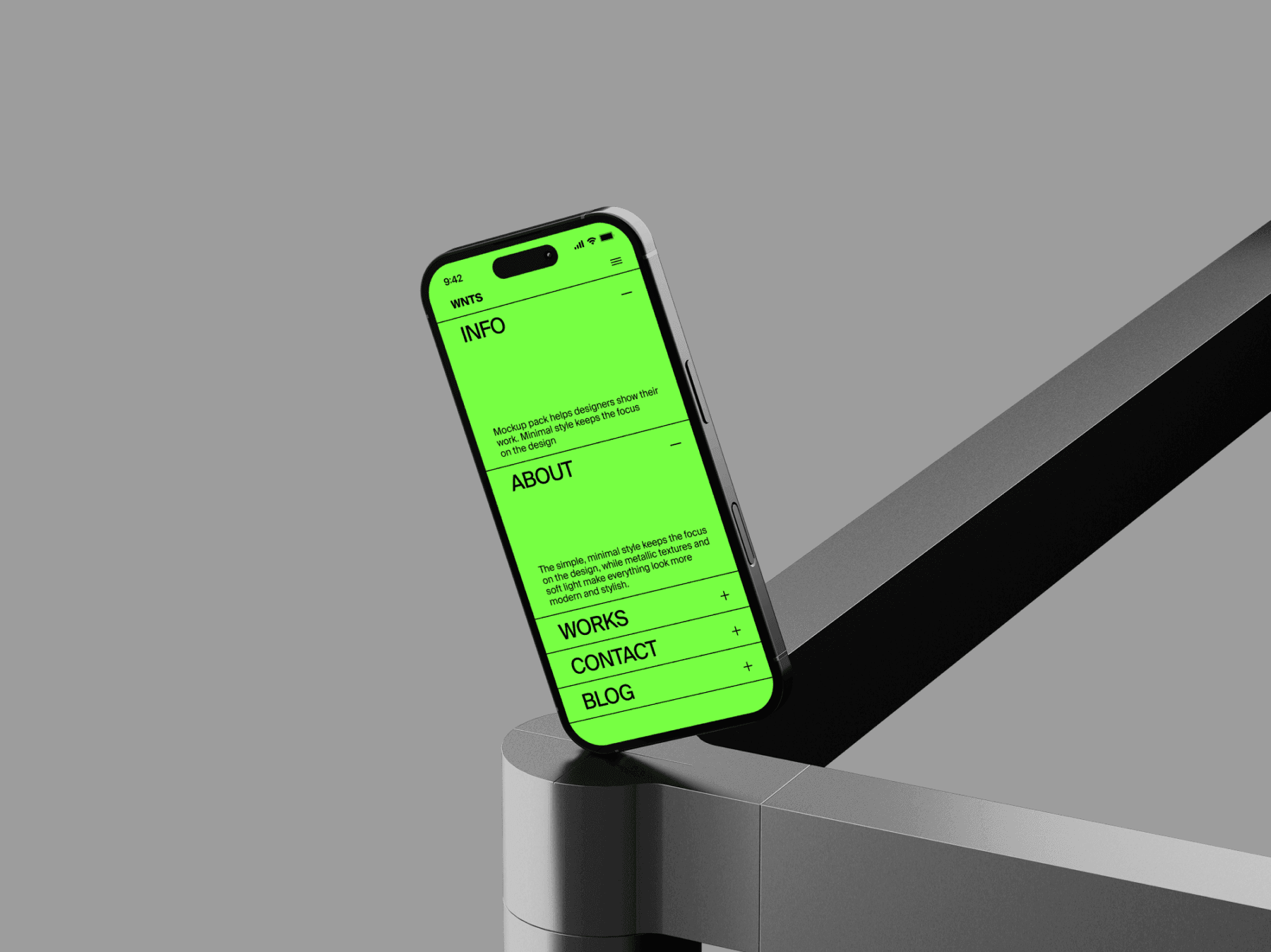 iPhone mockup standing on an angled metallic support