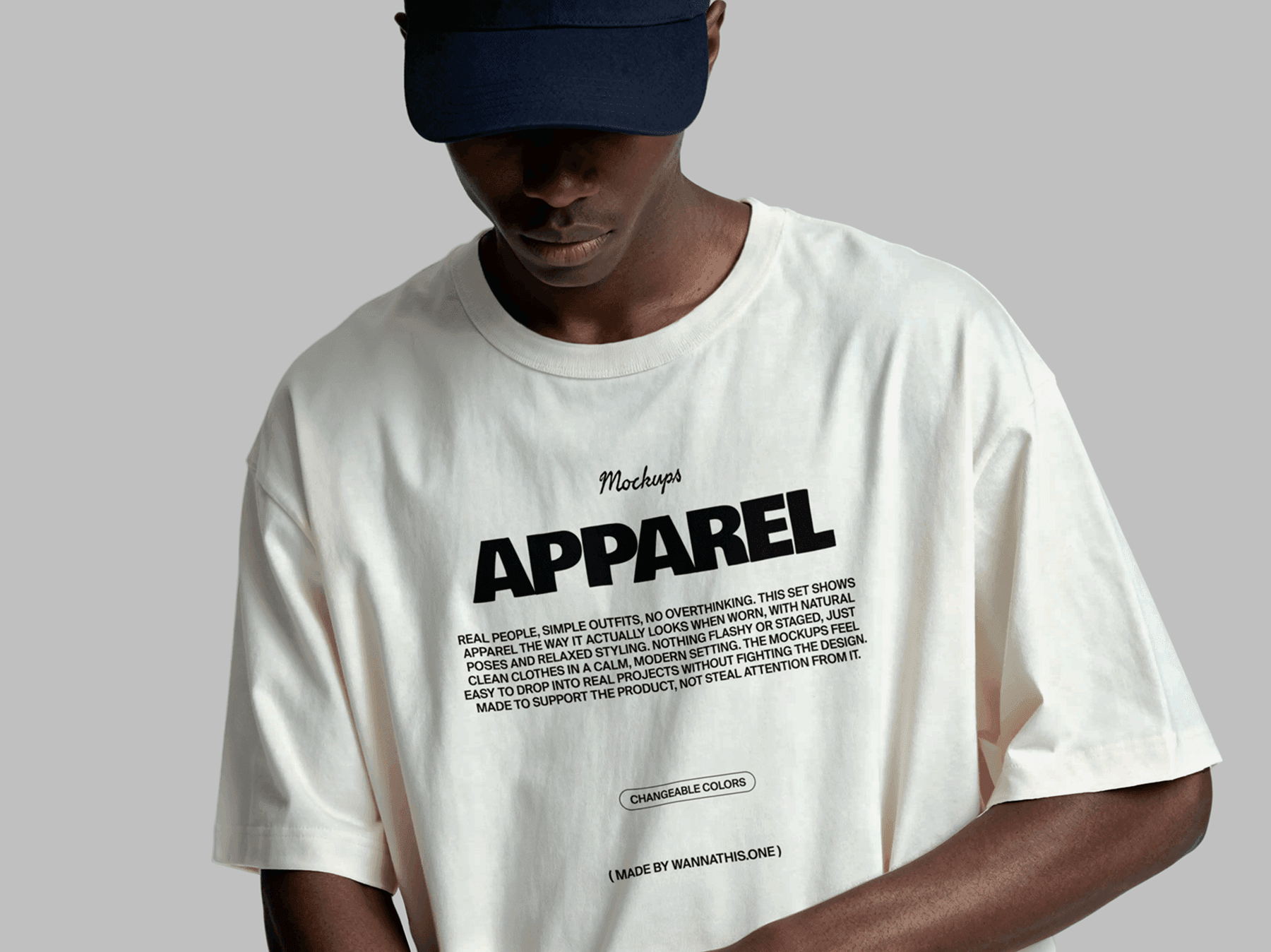 T-shirt apparel mockup shown from the front on a model wearing a cap