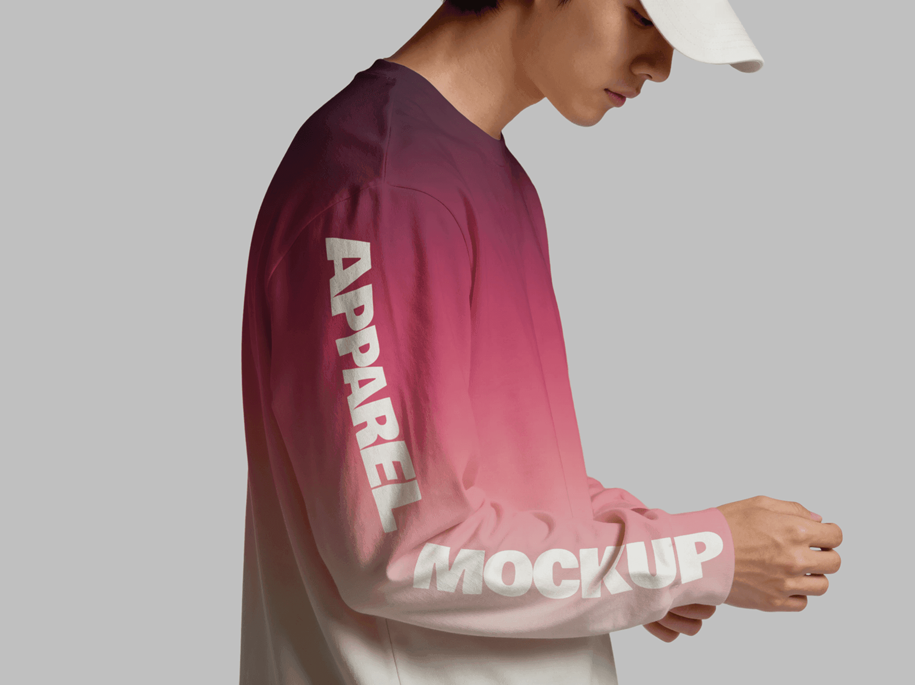 Model wearing a long sleeve apparel mockup shown from a side angle