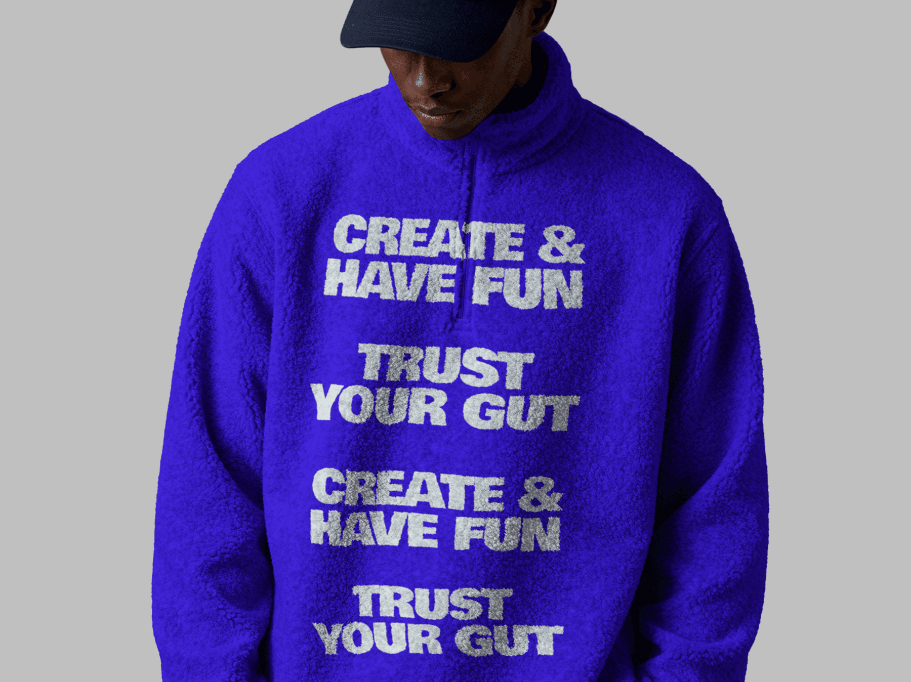 Fleece sweatshirt mockup shown from the front on a standing model