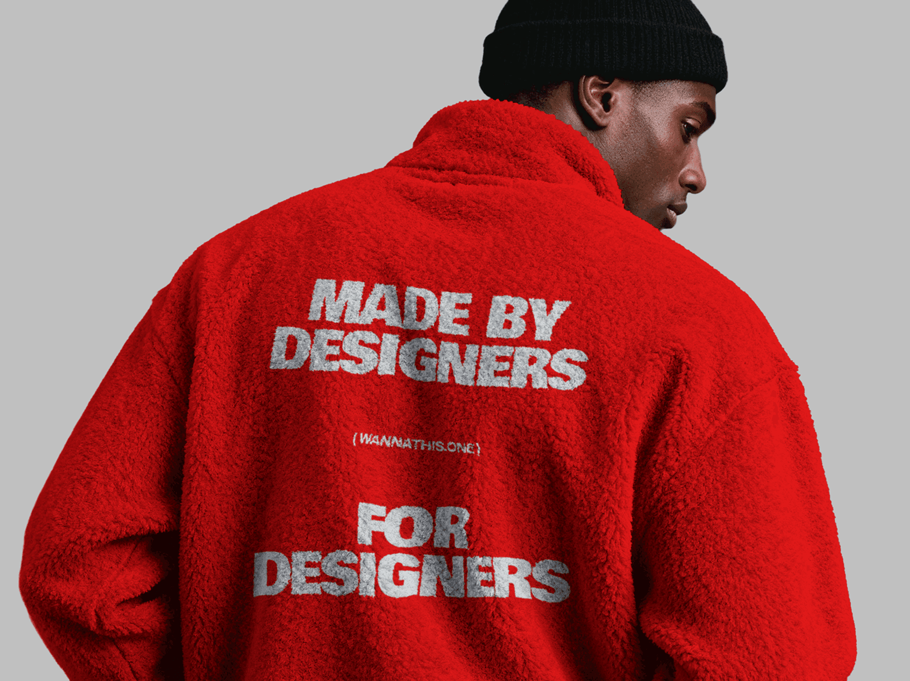Fleece jacket mockup shown from the back on a model wearing a beanie
