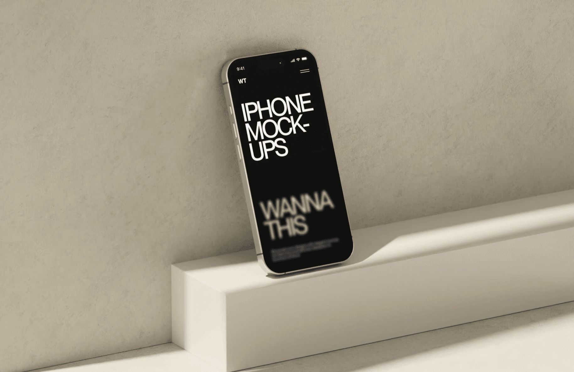 iPhone mockup standing on minimalist white surface with soft shadows