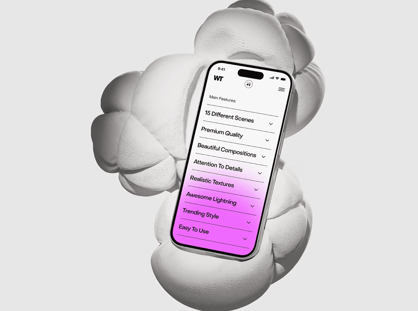 Minimalistic iPhone 15 Pro mockup by Wannathis with soft white abstract shapes and clean UI design.