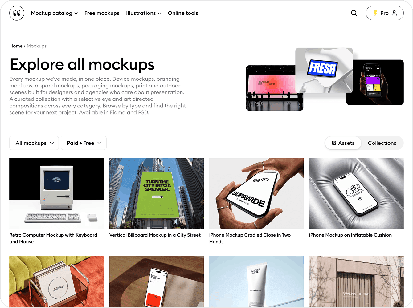 An Explore all mockups catalog page with an asset grid of device, billboard, iPhone and packaging mockup scenes, showing a full mockup library for designers