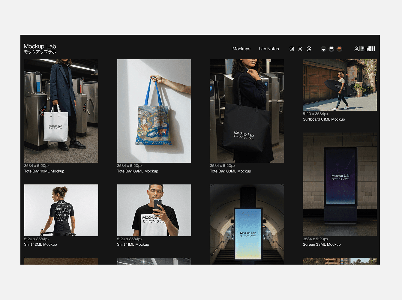 Mockup platform highlighting urban photography scenes, tote bags, apparel and billboard templates