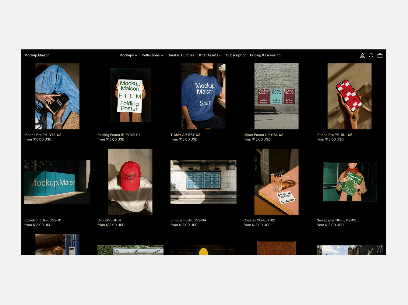 Art-directed mockup website displaying lifestyle scenes, apparel, posters and premium photo-based mockups