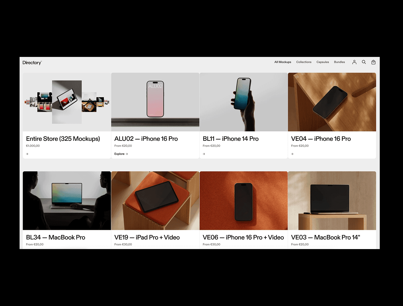 Device-focused mockup store with iPhone, iPad and MacBook templates shown in high-end studio compositions