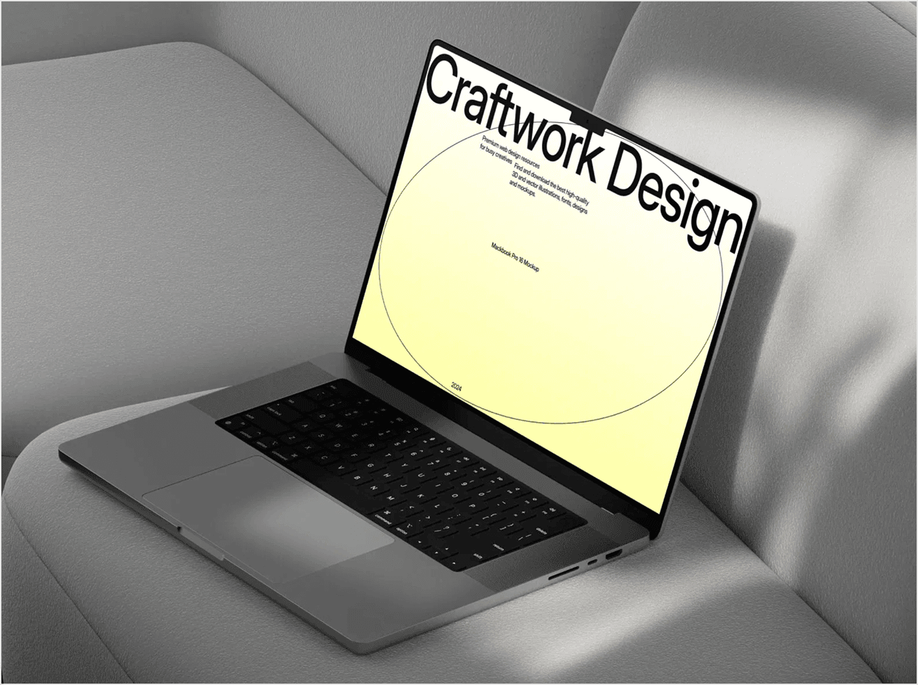 MacBook Pro mockup resting on a fabric sofa in daylight