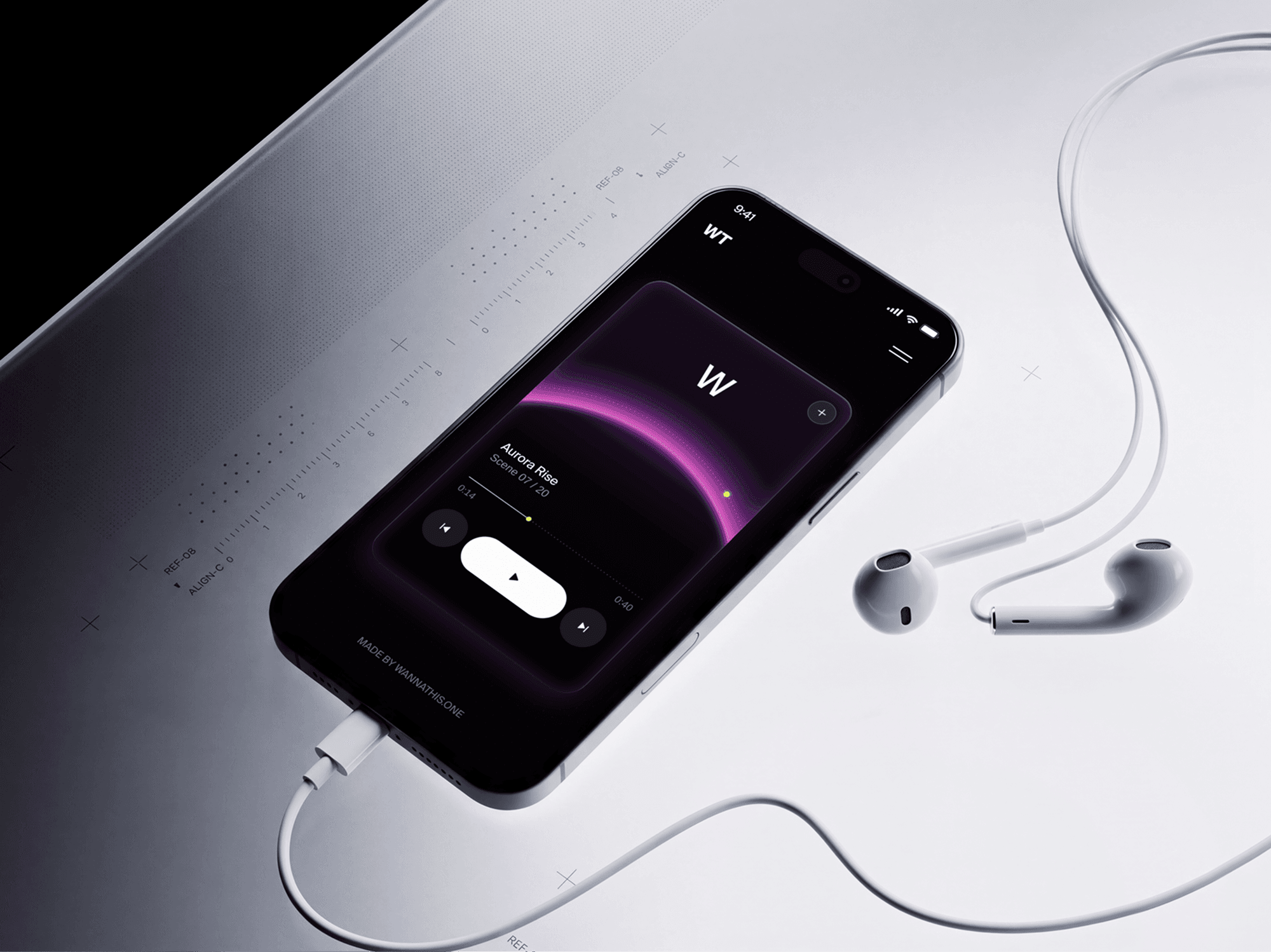 iPhone 18 Pro mockup lying flat on a textured silver panel beside coiled earphones