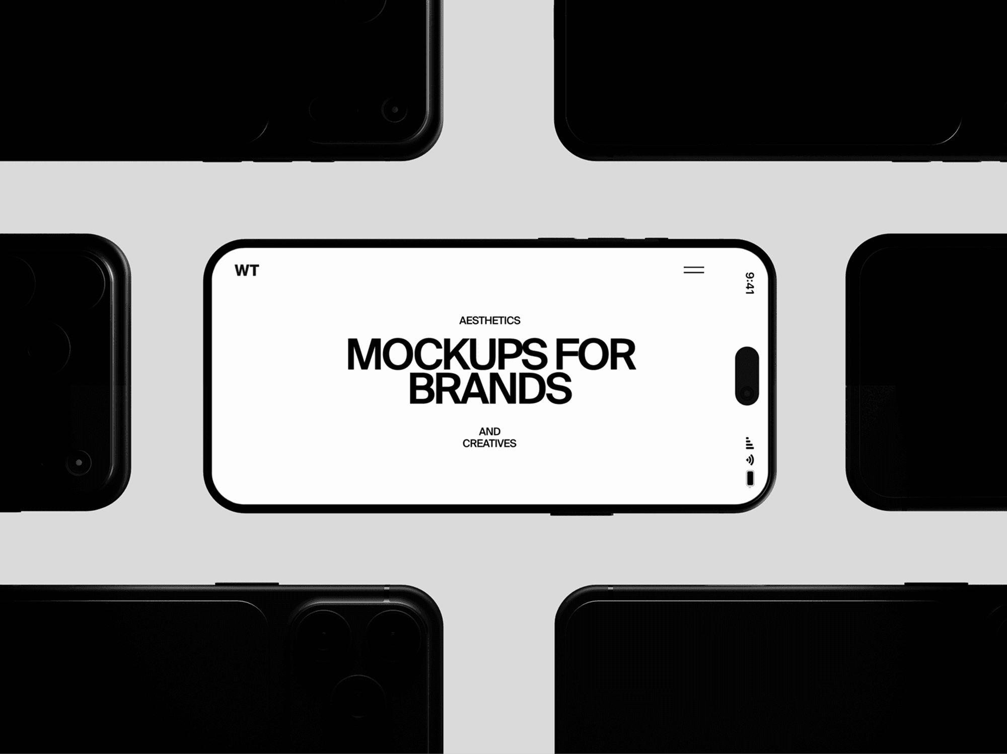 iPhone 18 Pro mockup turned sideways at the centre of a grid of black phones
