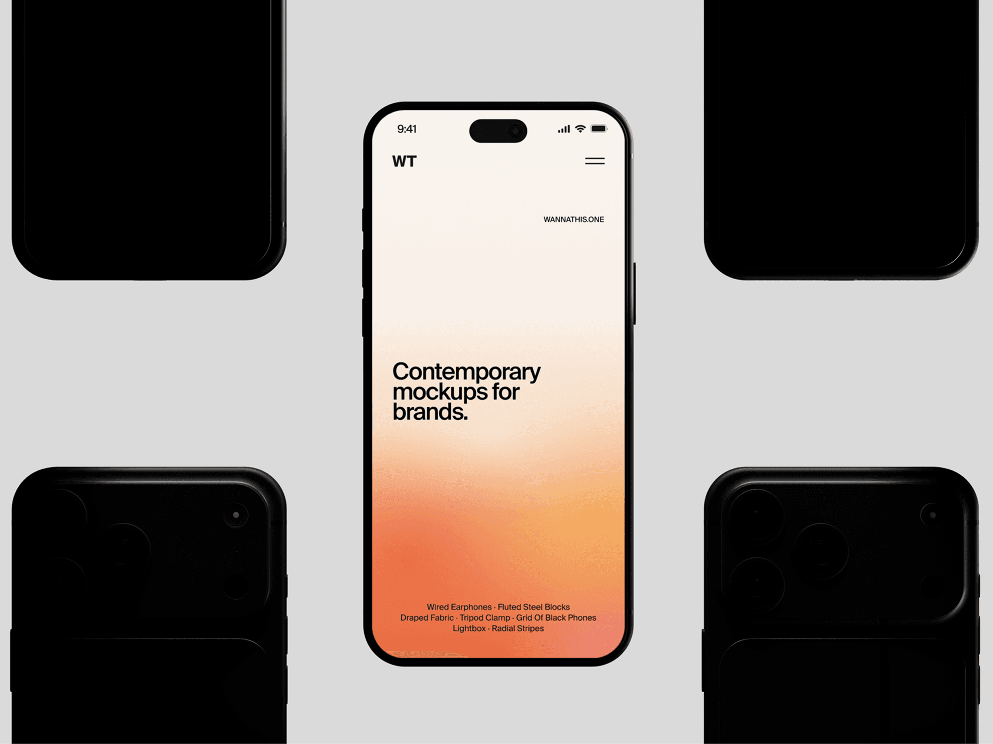iPhone 18 Pro mockup standing upright at the centre of a grid of black phones