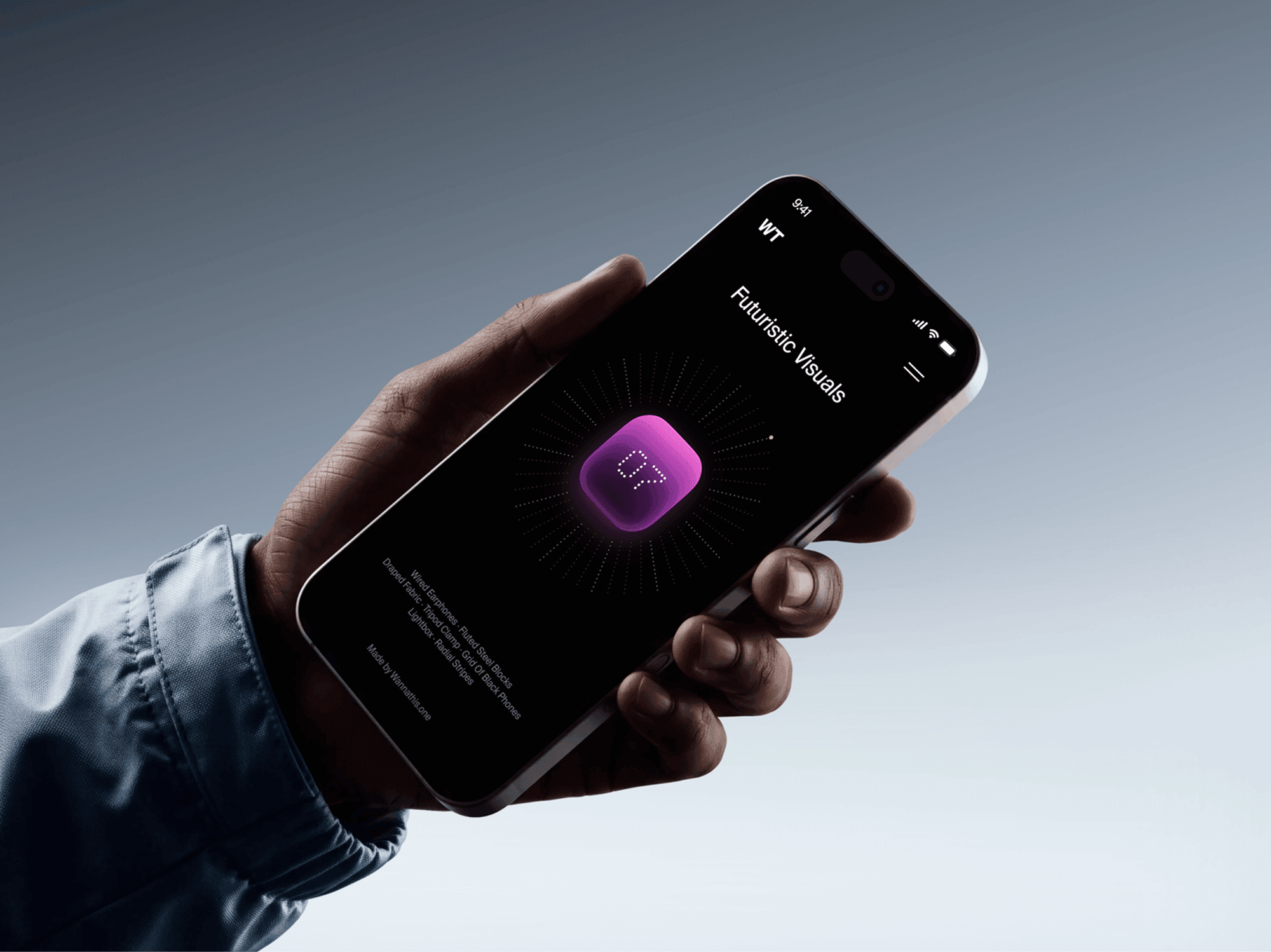 iPhone 18 Pro mockup tilted across one hand against a soft grey blue backdrop