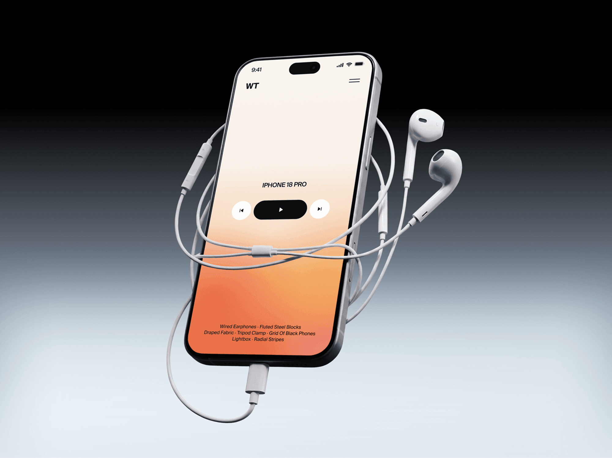 iPhone 18 Pro mockup upright with an earphone cable wound around the body