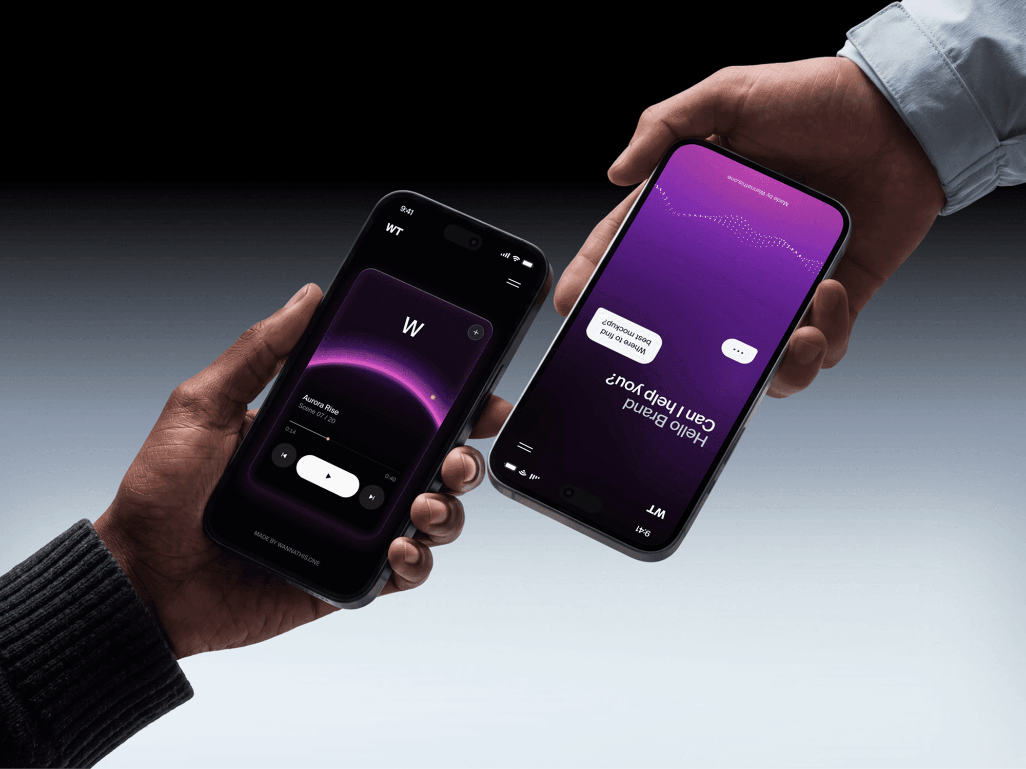 Two iPhone 18 Pro mockups held in opposite hands and angled to face each other