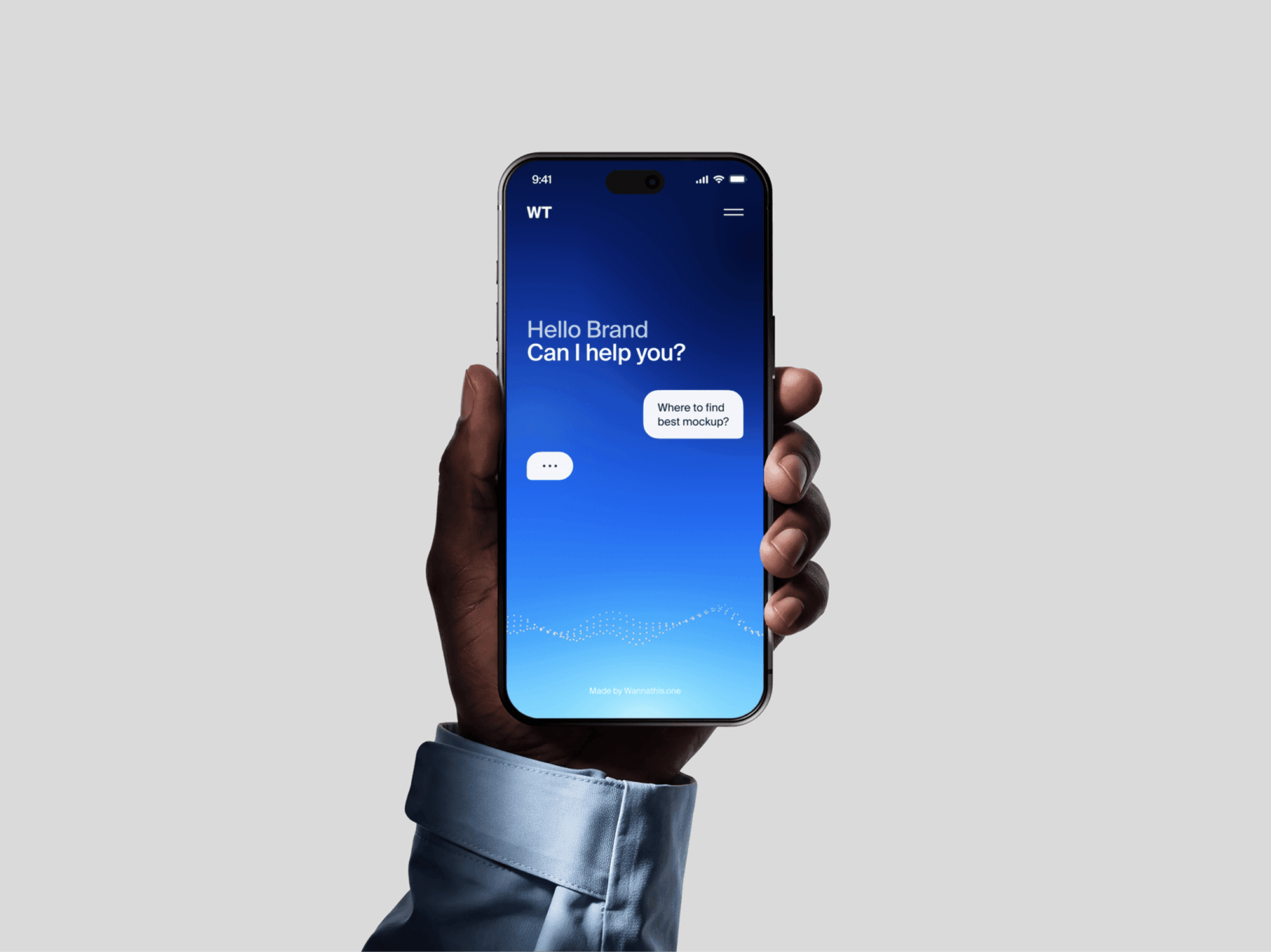 iPhone 18 Pro mockup raised upright in one hand against a pale grey backdrop