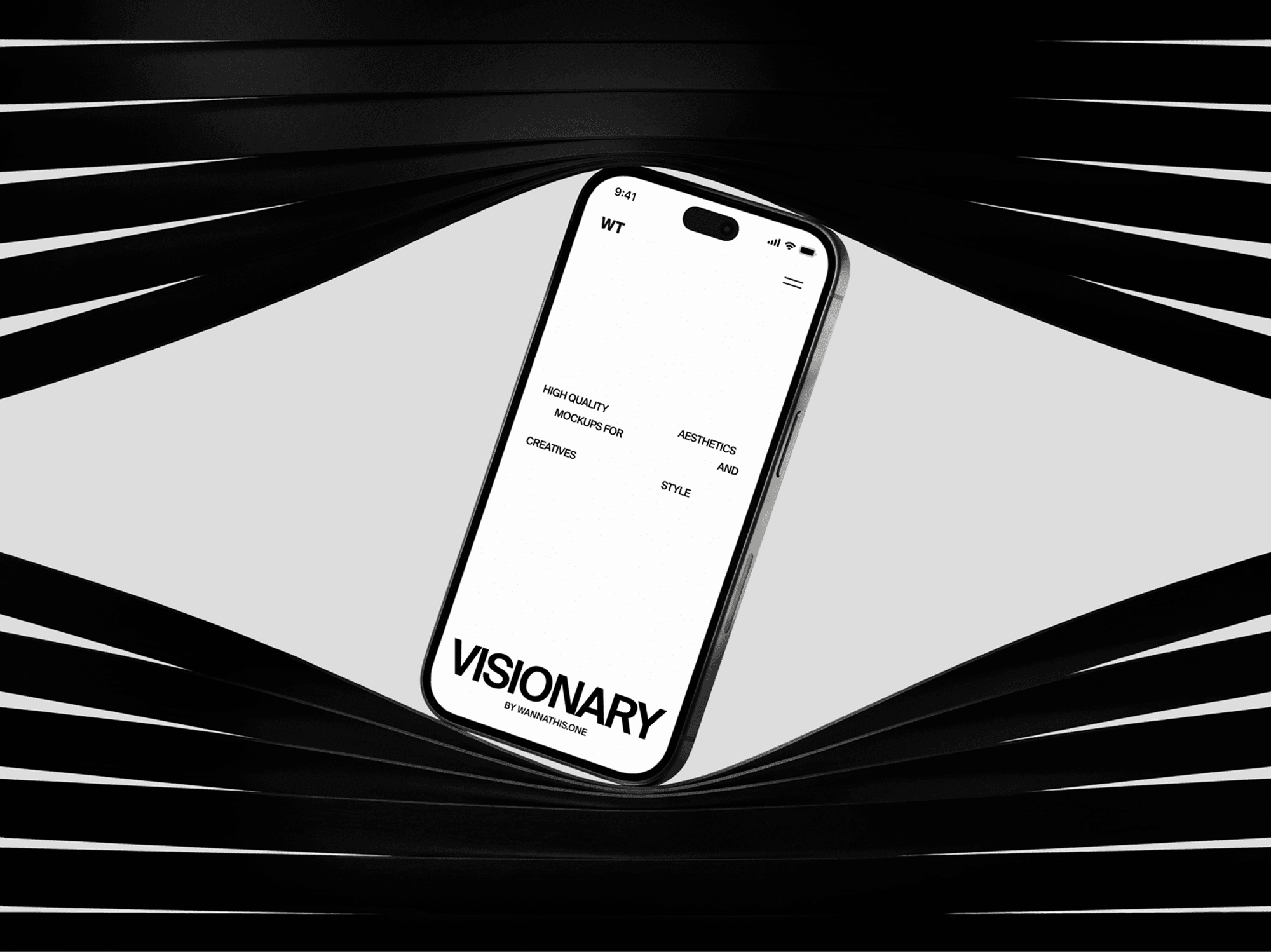 iPhone 18 Pro mockup standing upright among wide black radial stripes