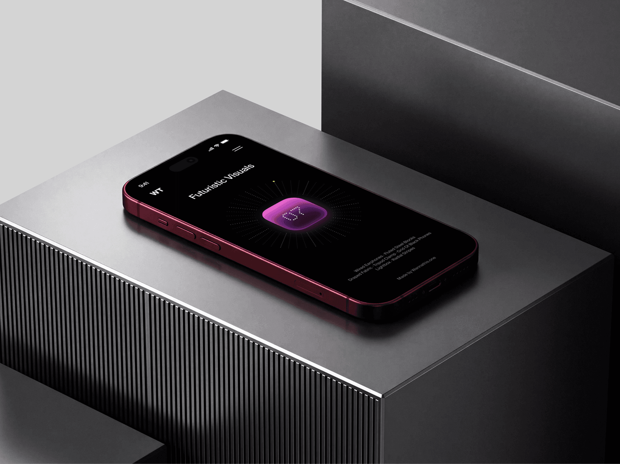 iPhone 18 Pro mockup resting flat on the corner of a fluted steel block