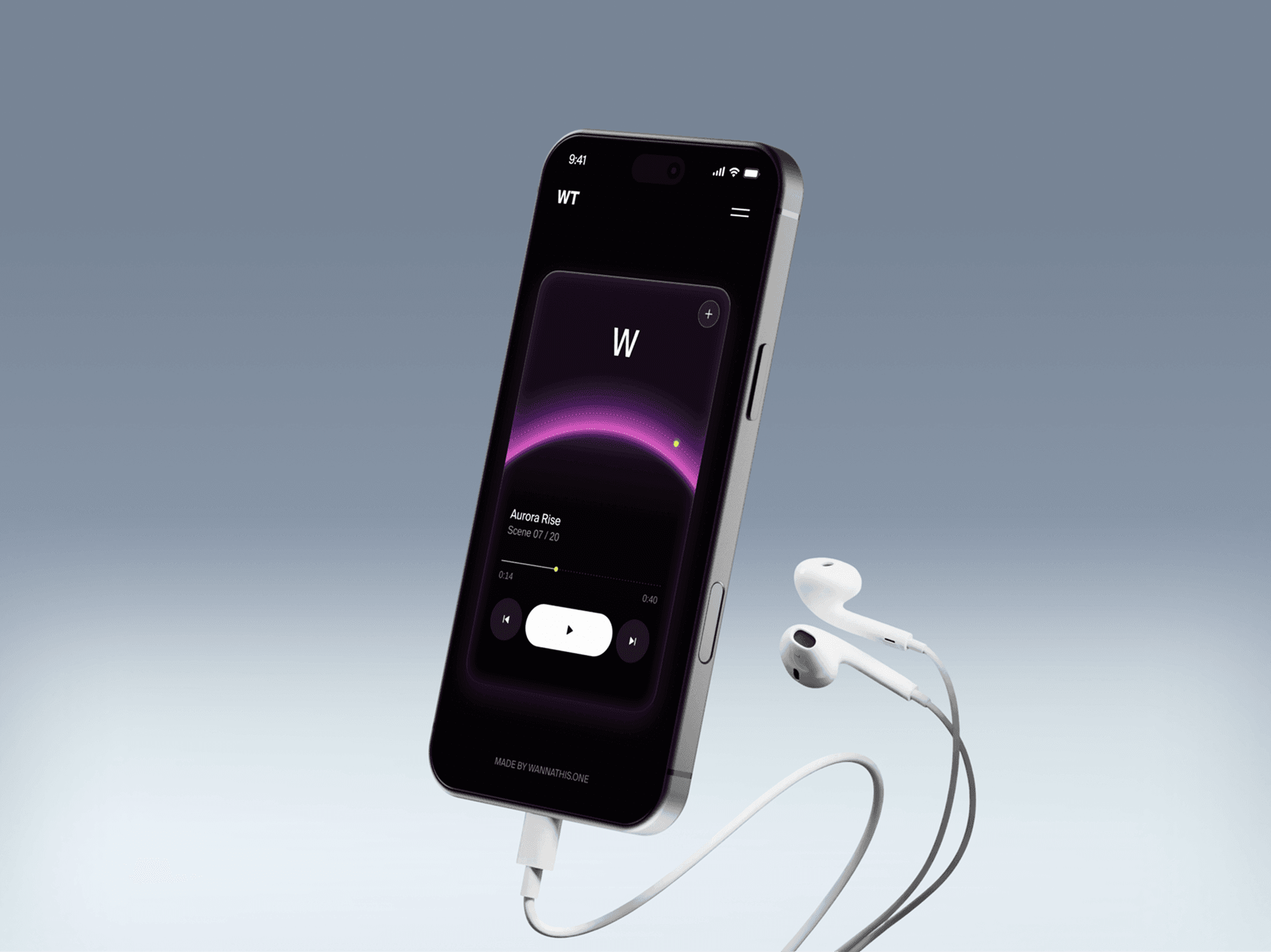 iPhone 18 Pro mockup standing upright with wired earphones hanging from the port