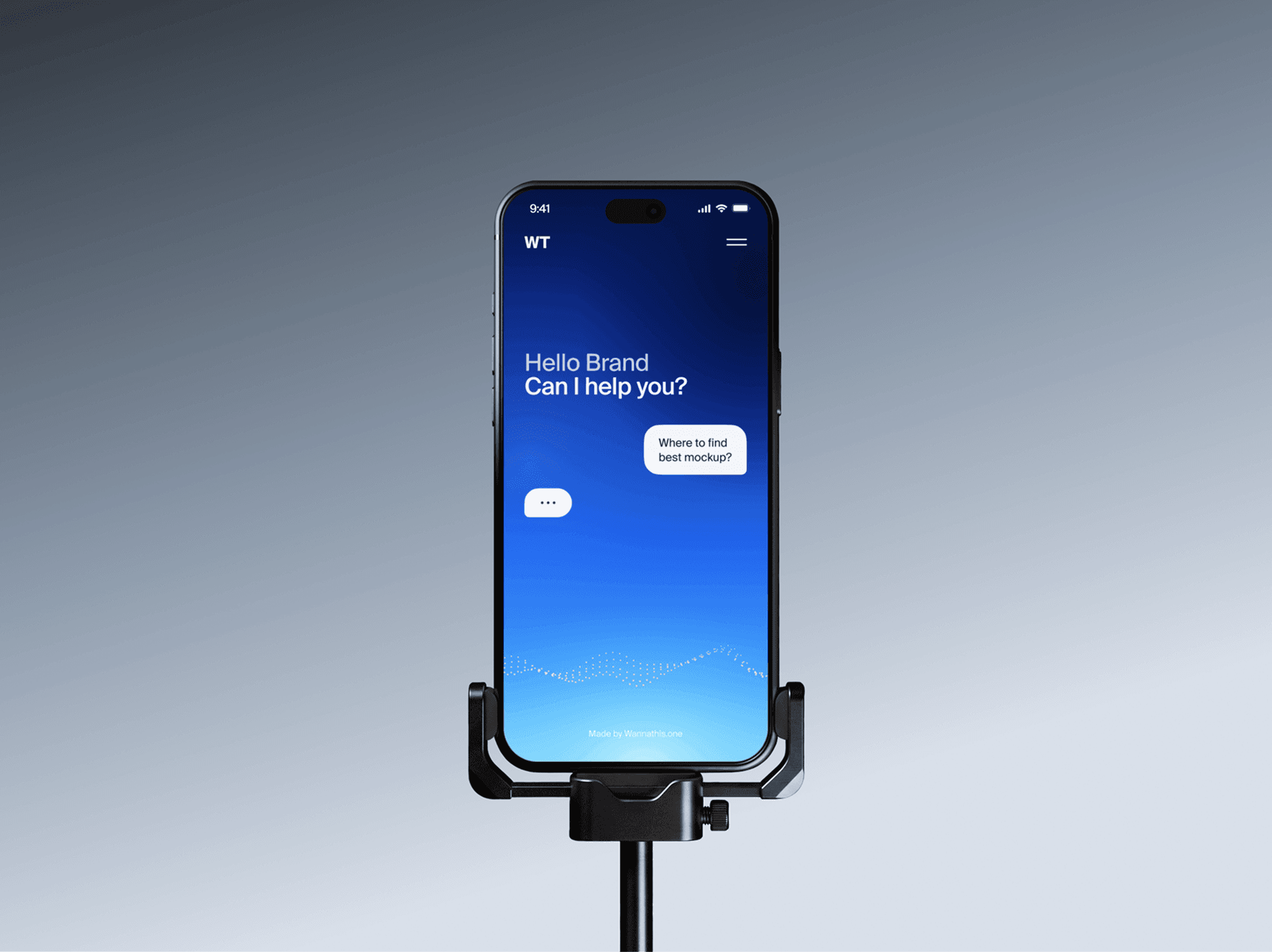 iPhone 18 Pro mockup locked into a black tripod clamp on a rising metal stand