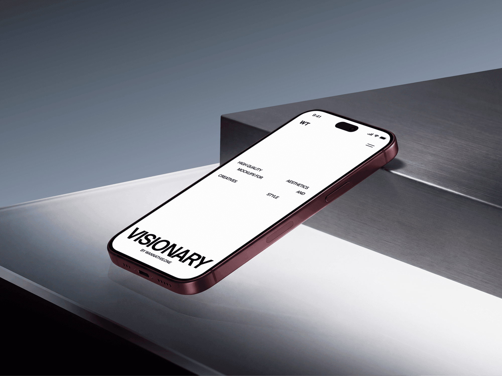 iPhone 18 Pro mockup resting on the edge of a brushed steel ledge in low light