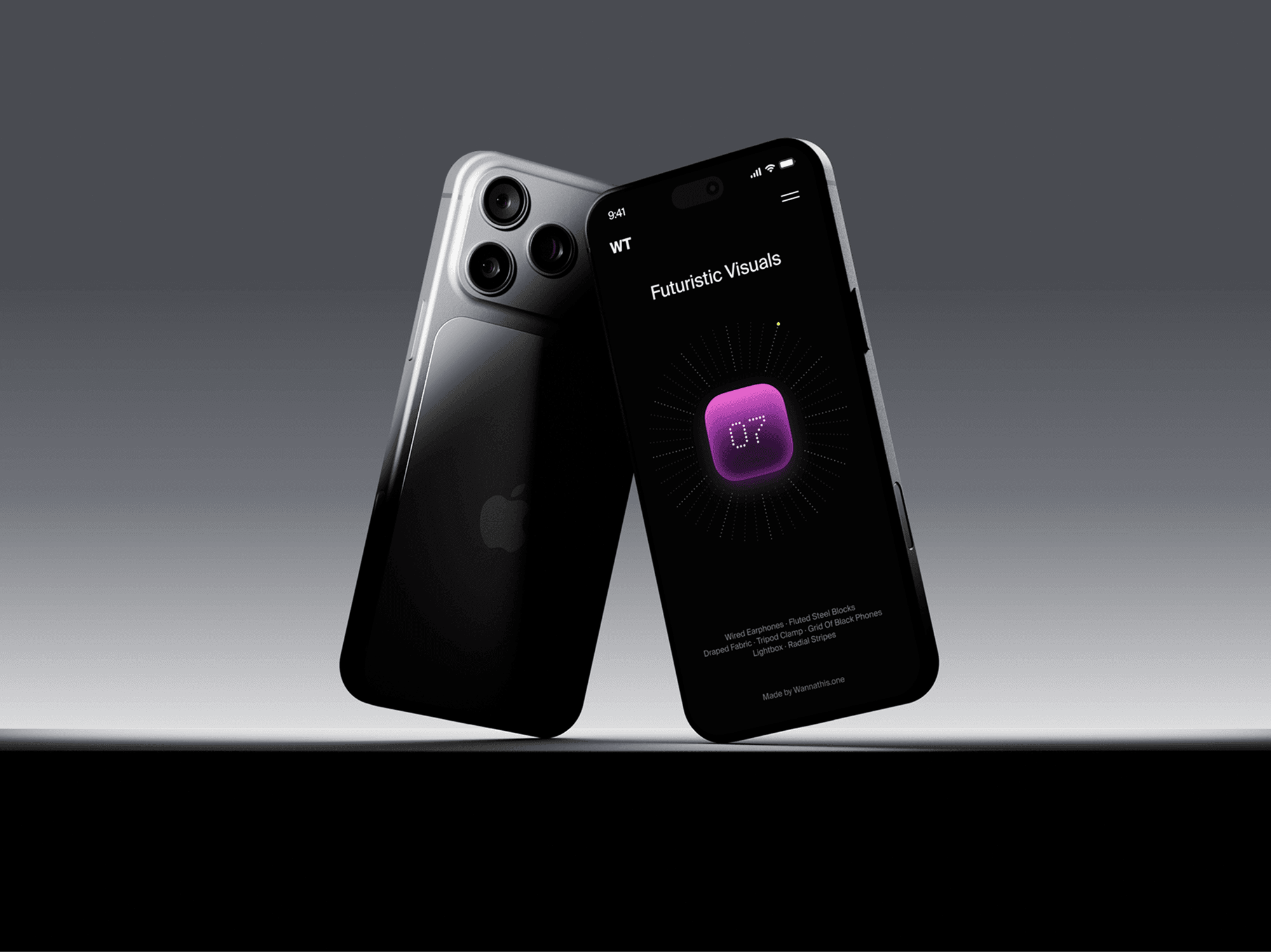 Two iPhone 18 Pro mockups leaning together showing the rear camera and the front