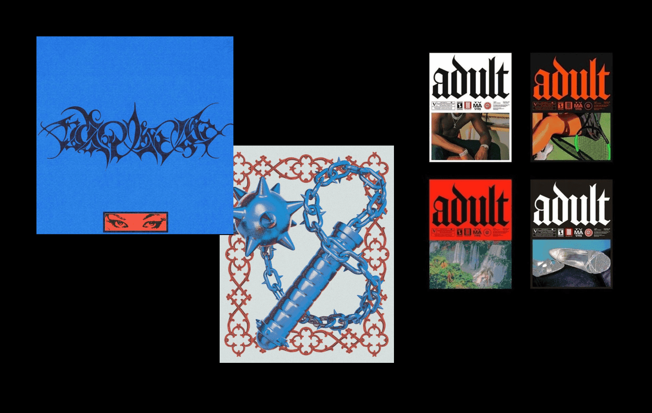 Neo-medieval gothic design with dark textures, ornamental typography and symbolic forms