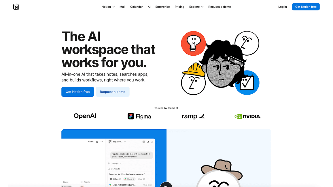 Notion AI workspace homepage promoting productivity tools and integrations with OpenAI and Figma