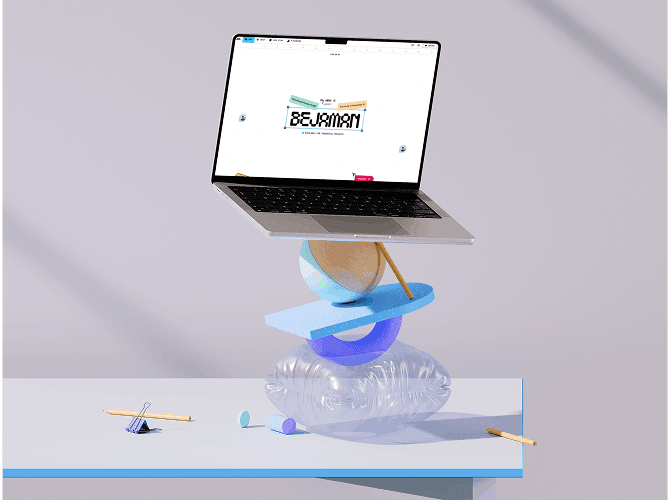 Nudge Framer portfolio template on a MacBook balanced over pastel 3D shapes, a bright colorful landing layout, a playful template for designers and studios
