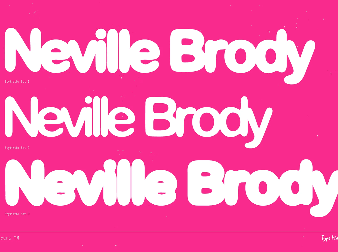 Obscura TM typeface shown as a puffy bubble specimen in white on hot pink across three stylistic sets, a soft retro display font for playful branding