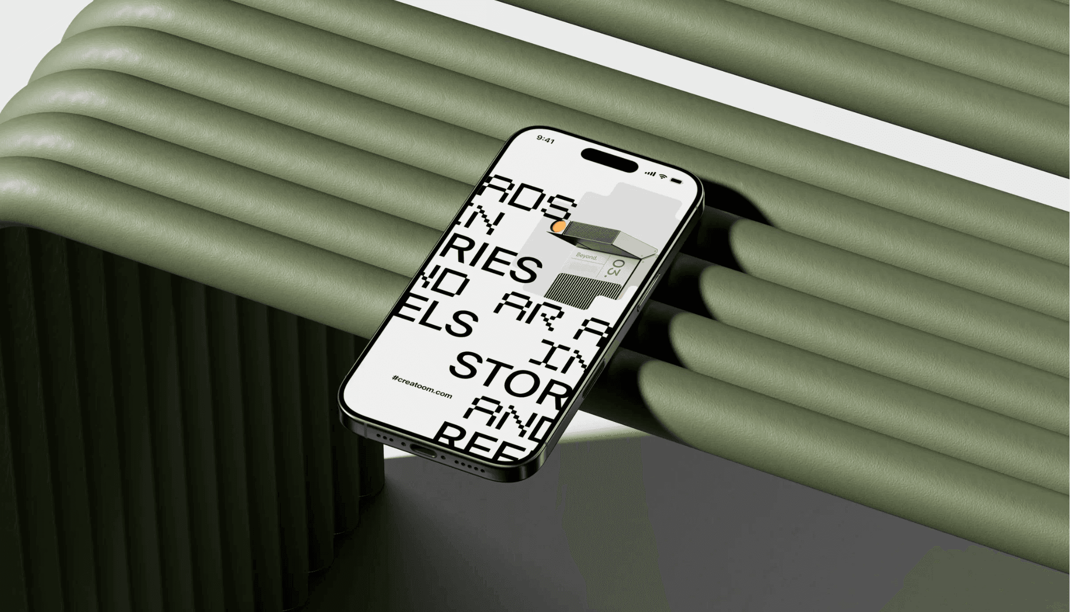 iPhone mockup displayed on modern green bench with creative poster design