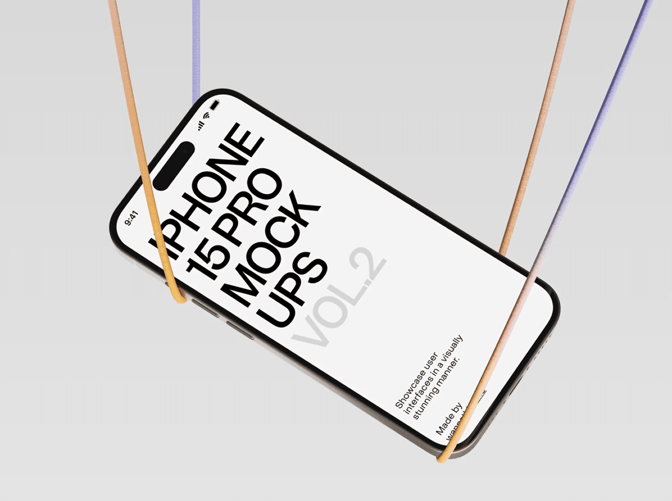 iPhone 15 Pro mockup hanging on colorful cords — designed by the Wannathis studio.