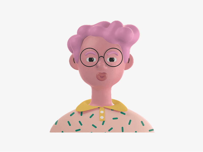 3D female avatar with pink hair and glasses