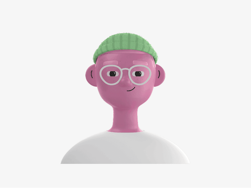 3D avatar wearing a green beanie and round glasses